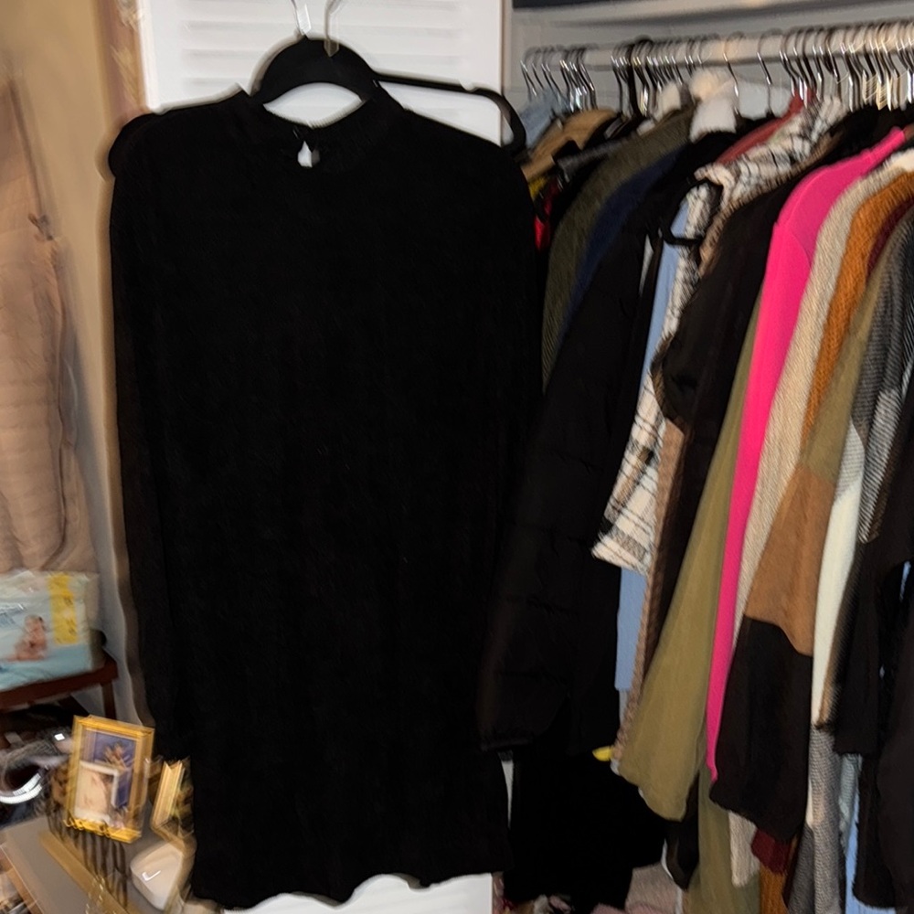 Black Long Sleeve Mock Neck Sweater Dress for Casual Work